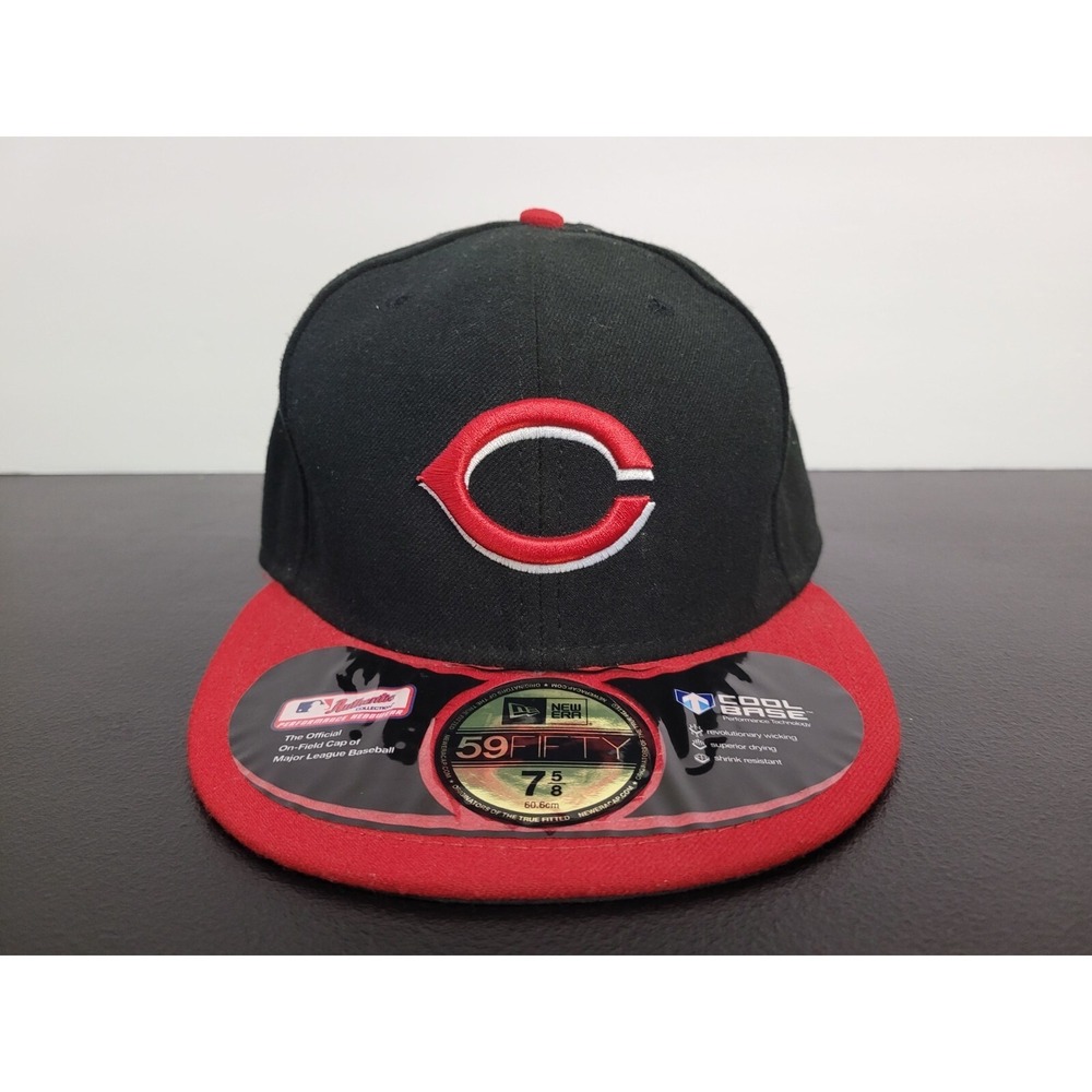 Cincinnati Reds Hat‎ Cap Mens 7 5/8 Fitted Black Red MLB Baseball New Era